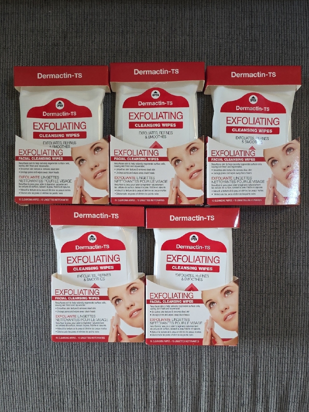 Dermactin-TS Exfoliating Cleansing Wipes, 5 Packs, 15 Wipes In Each Pack, New.